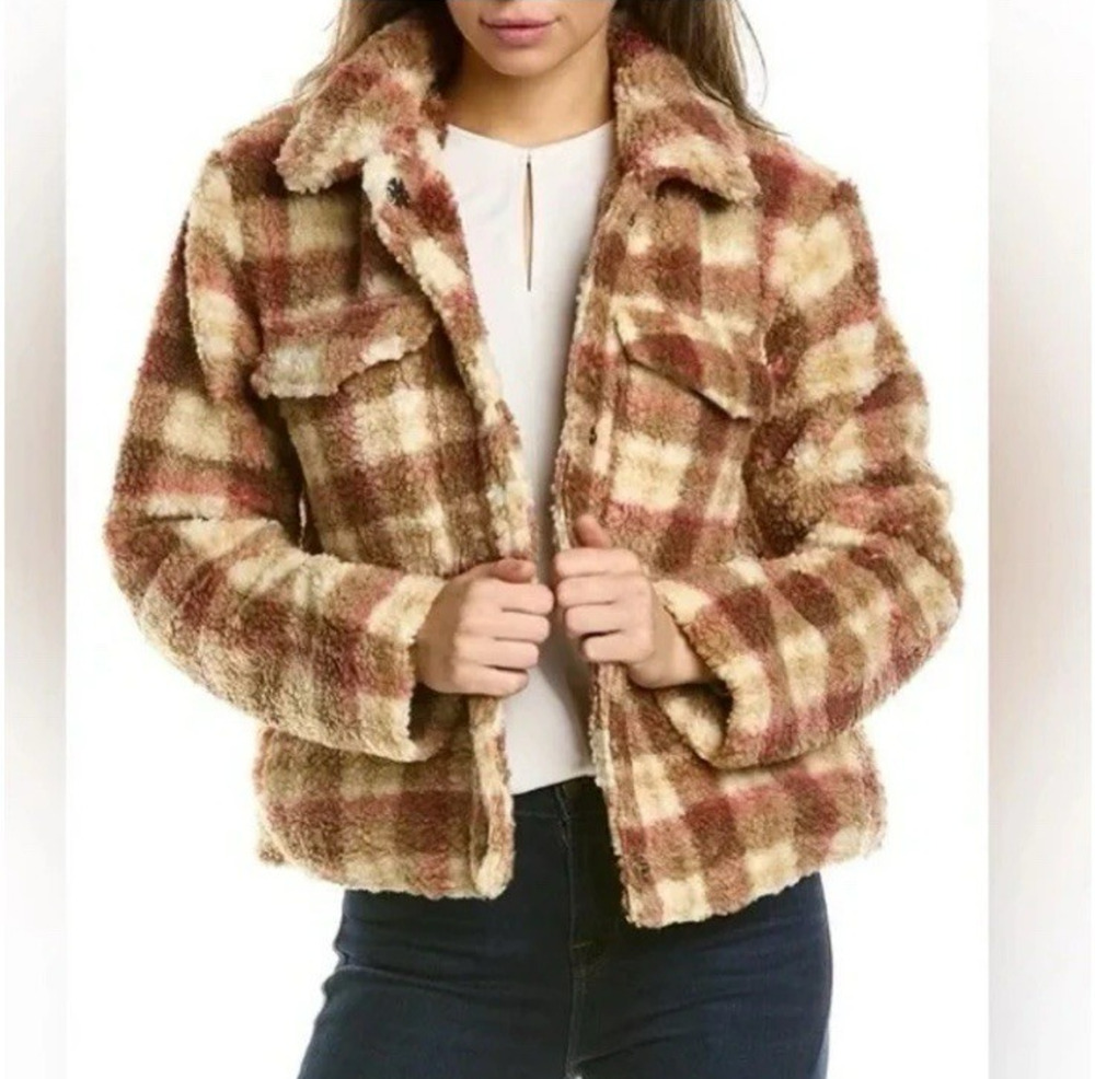 Avec Les Filles Faux Sherpa Plaid Jacket Medium Teddy Trucker Pockets Preppy
